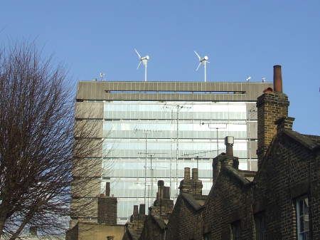 Wind turbines on Blackfriars Road telephone exchange