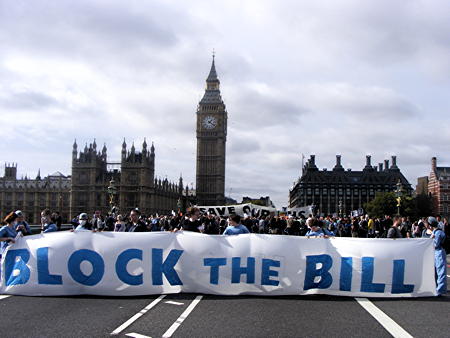 Westminster Bridge blocked by protesters against NHS reforms