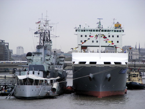 MS Adeline alongside HMS Belfast