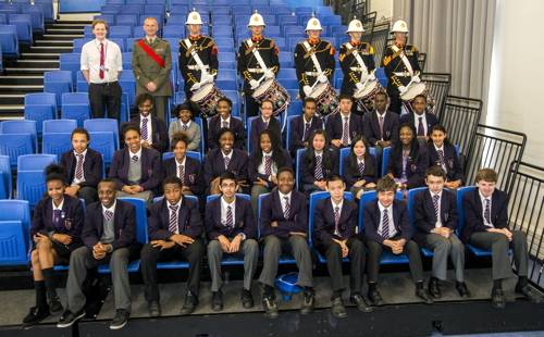 Royal Marines drummers and buglers visit Bermondsey school