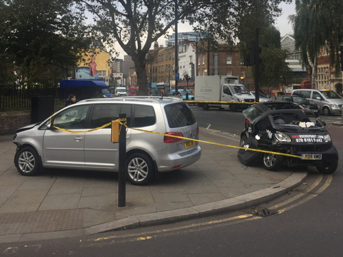 Minicab and Smart car in Waterloo Road smash