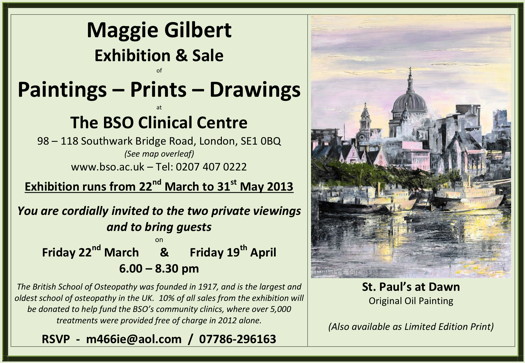Maggie Gilbert Exhibition & Sale at British School of Osteopathy Clinic