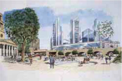 Concept sketch of city square seen from the north