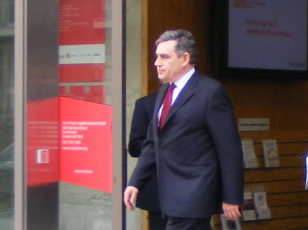 Gordon Brown leaving Coin Street Neighbourhood Cen