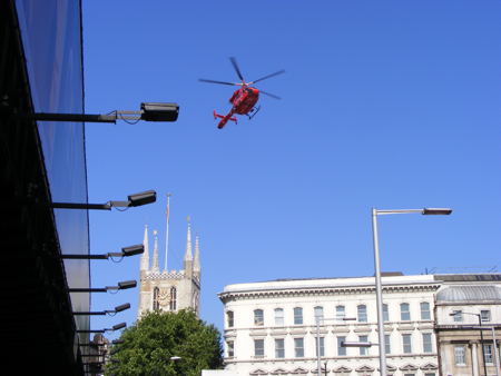 Air ambulance at London Bridge after motorcycle and pedestrian collide