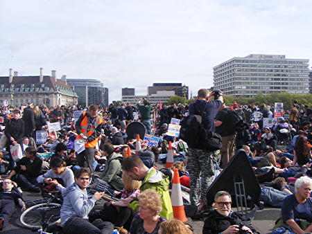 Westminster Bridge blocked by protesters against NHS reforms