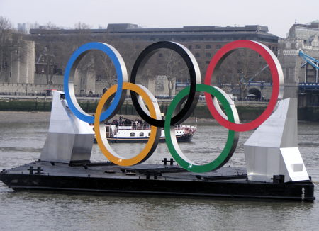 Boris unveils £930,000 Olympic rings on a barge