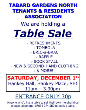 Table Sale at Hankey Hall