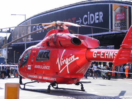 Air ambulance at London Bridge after motorcycle and pedestrian collide