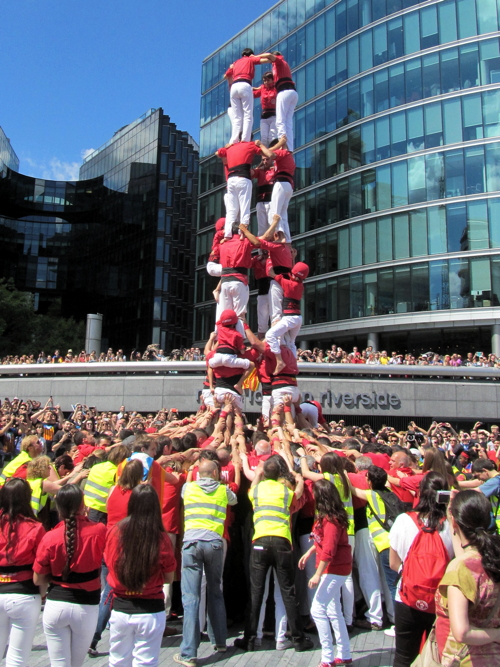 Catalan human tower outside City Hall part of Europe-wide action