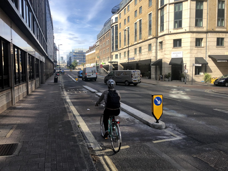 Southwark Bridge Road segregated bike lanes installed